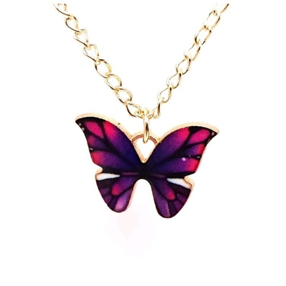 Gold Tone Butterfly‎ Pendant Necklace Purple Pink Enamel